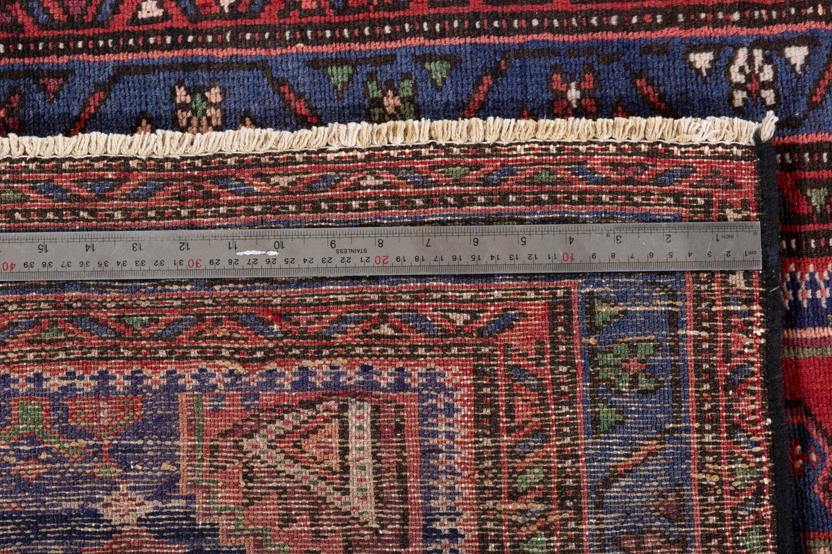 Vintage Red and Navy Blue Central Diamond Medallion Hand-Knotted Area Rug – 6' 6" x 3' 6" (197 x 107 cm)