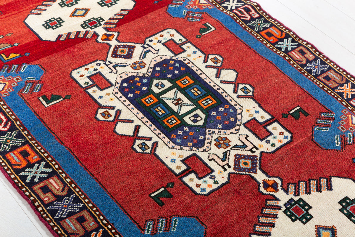 Vintage Red and Blue Tribal Stepped Medallion Hand-Knotted Area Rug – 6' 8" x 3' 6" (204 x 106 cm)