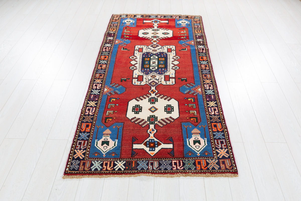 Vintage Red and Blue Tribal Stepped Medallion Hand-Knotted Area Rug – 6' 8" x 3' 6" (204 x 106 cm)