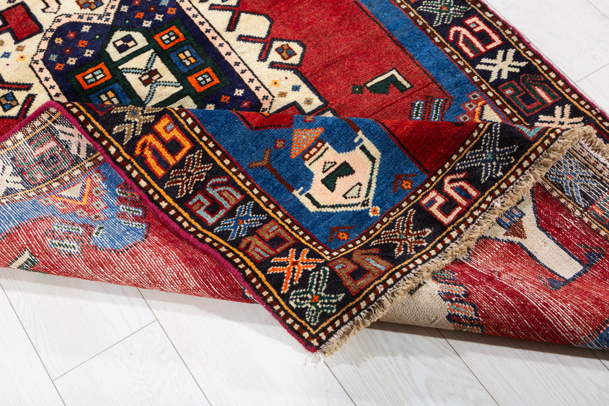 Vintage Red and Blue Tribal Stepped Medallion Hand-Knotted Area Rug – 6' 8" x 3' 6" (204 x 106 cm)