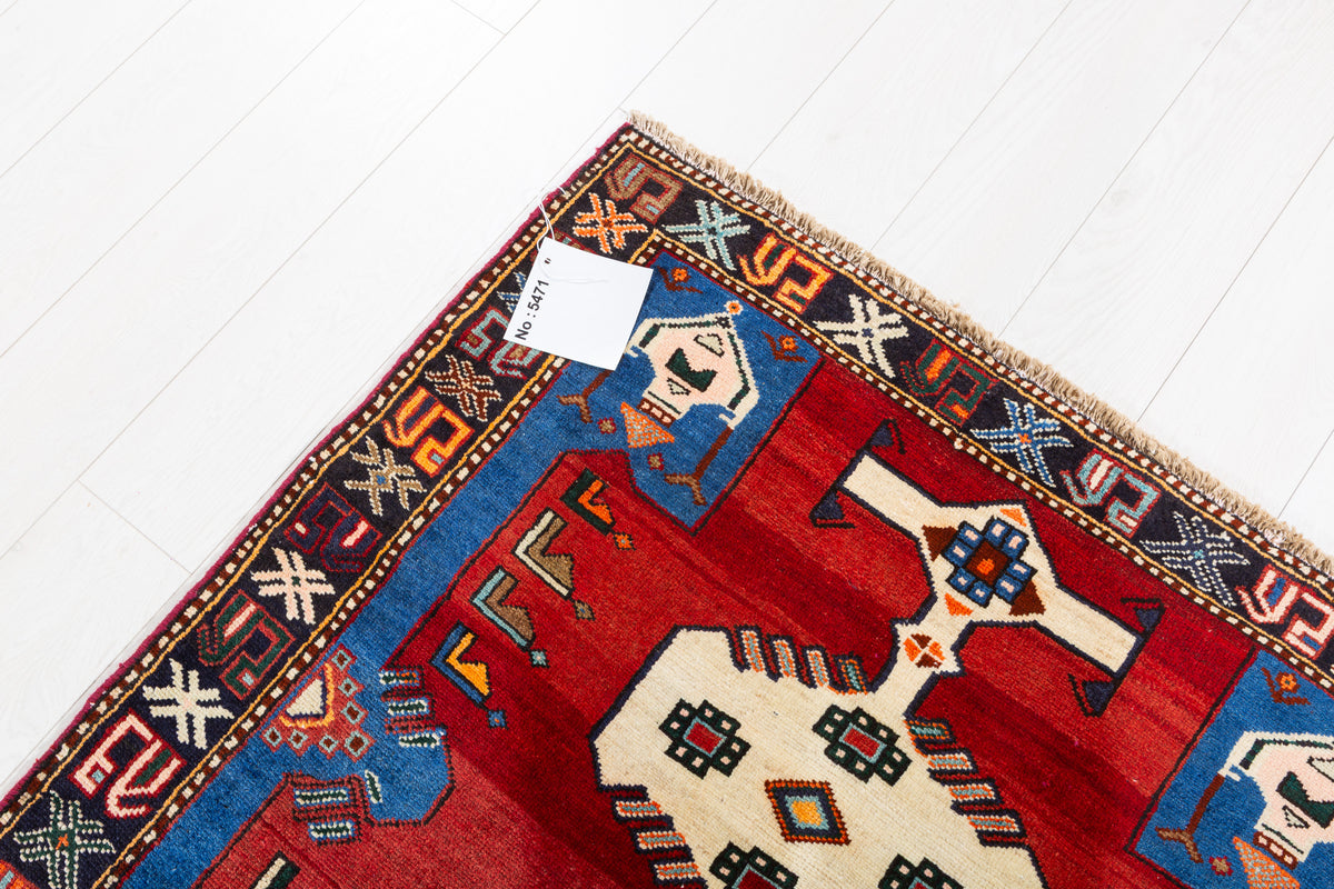 Vintage Red and Blue Tribal Stepped Medallion Hand-Knotted Area Rug – 6' 8" x 3' 6" (204 x 106 cm)