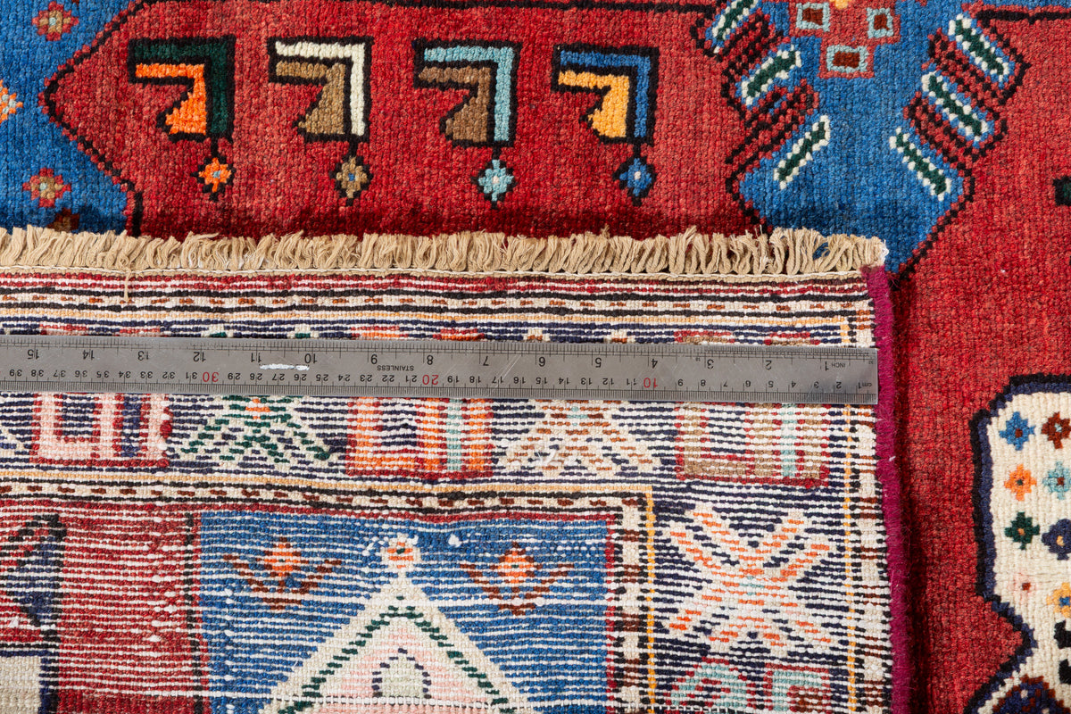 Vintage Red and Blue Tribal Stepped Medallion Hand-Knotted Area Rug – 6' 8" x 3' 6" (204 x 106 cm)