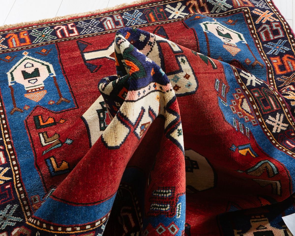 Vintage Red and Blue Tribal Stepped Medallion Hand-Knotted Area Rug – 6' 8" x 3' 6" (204 x 106 cm)