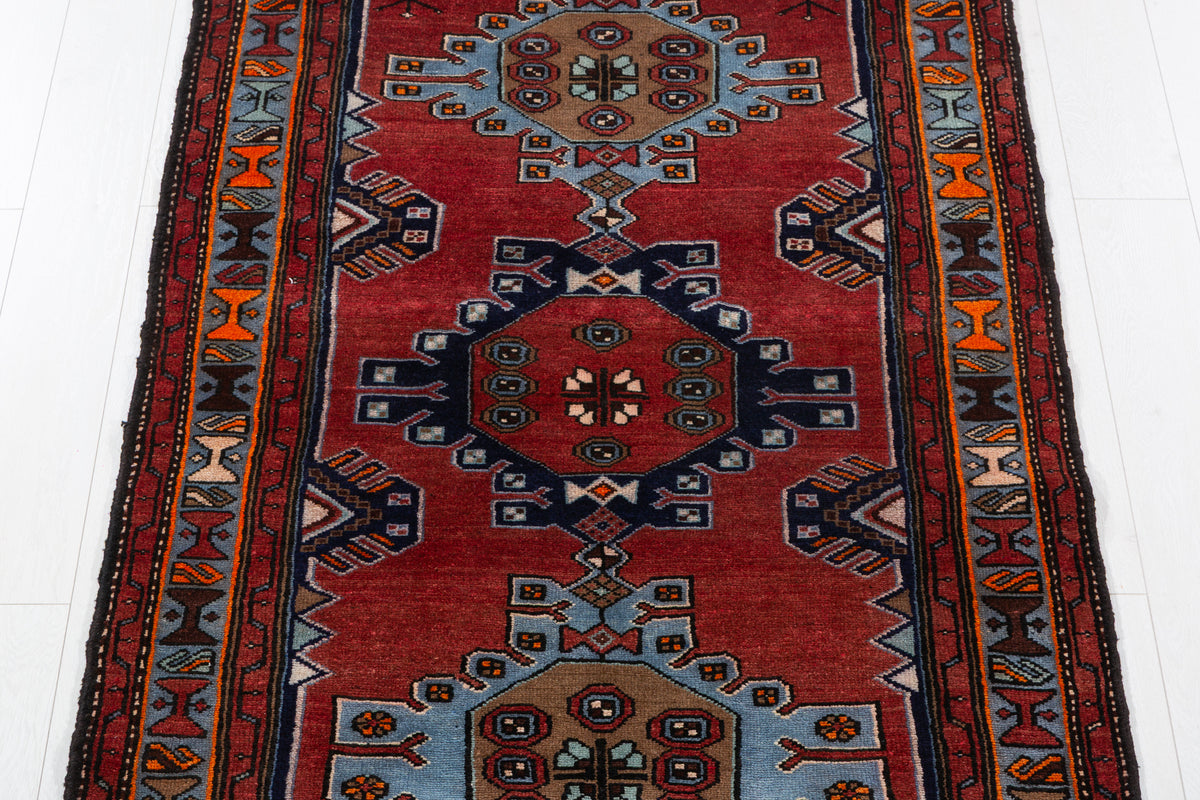 Vintage Red and Blue Linked Medallions Hand-Knotted Area Rug – 7' 3" x 3' 7" (221 x 109 cm)