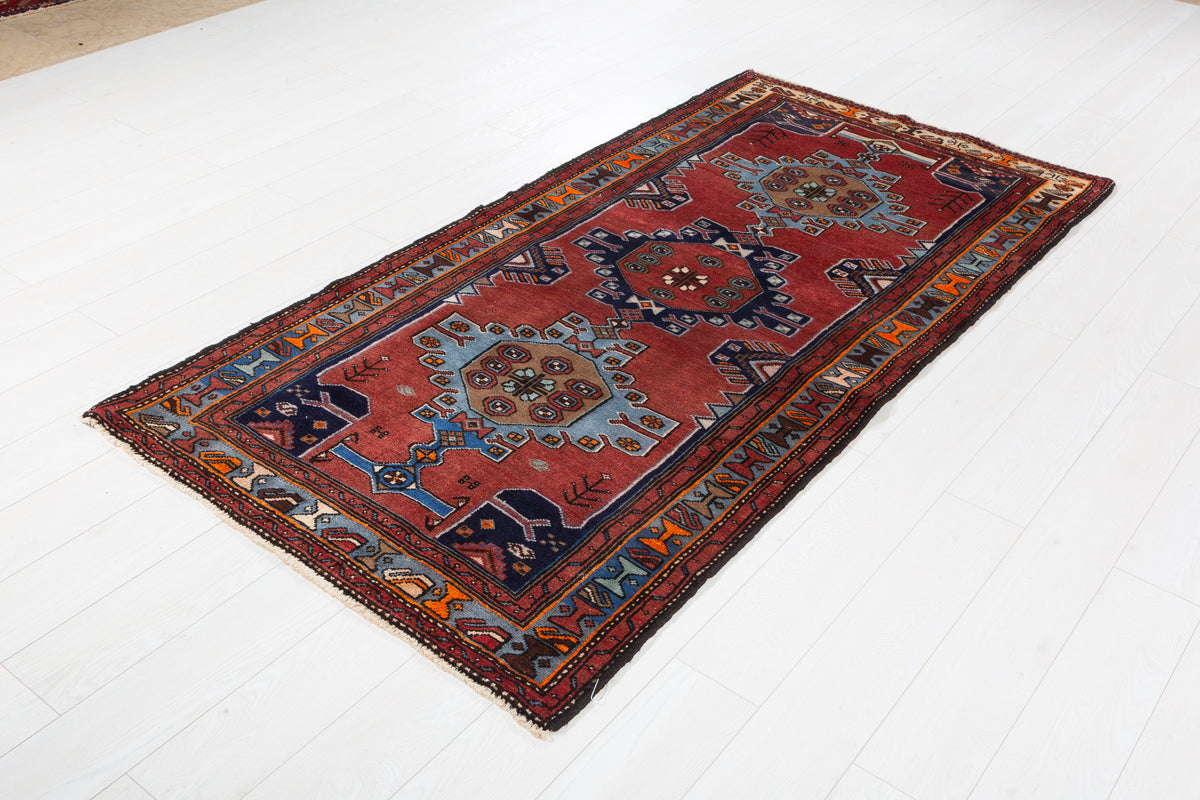 Vintage Red and Blue Linked Medallions Hand-Knotted Area Rug – 7' 3" x 3' 7" (221 x 109 cm)