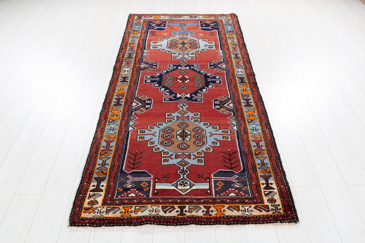 Vintage Red and Blue Linked Medallions Hand-Knotted Area Rug – 7' 3" x 3' 7" (221 x 109 cm)
