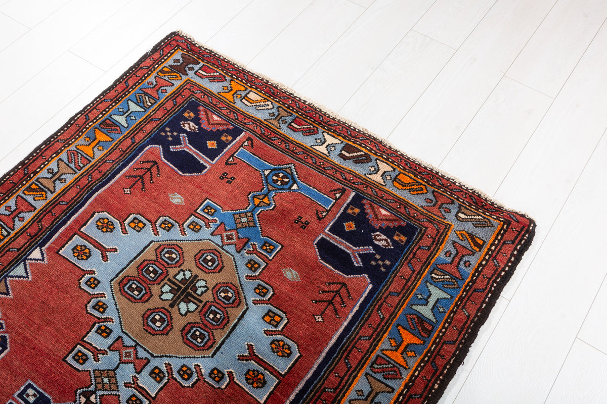 Vintage Red and Blue Linked Medallions Hand-Knotted Area Rug – 7' 3" x 3' 7" (221 x 109 cm)