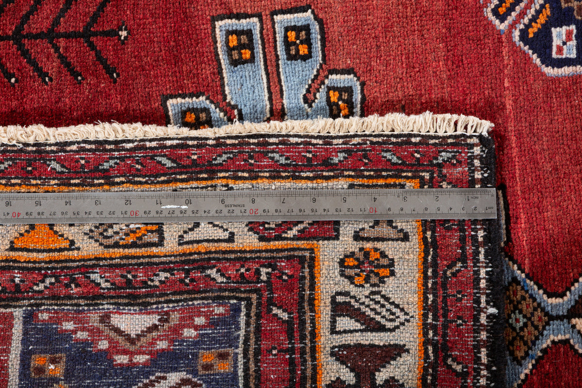 Vintage Red and Blue Linked Medallions Hand-Knotted Area Rug – 7' 3" x 3' 7" (221 x 109 cm)