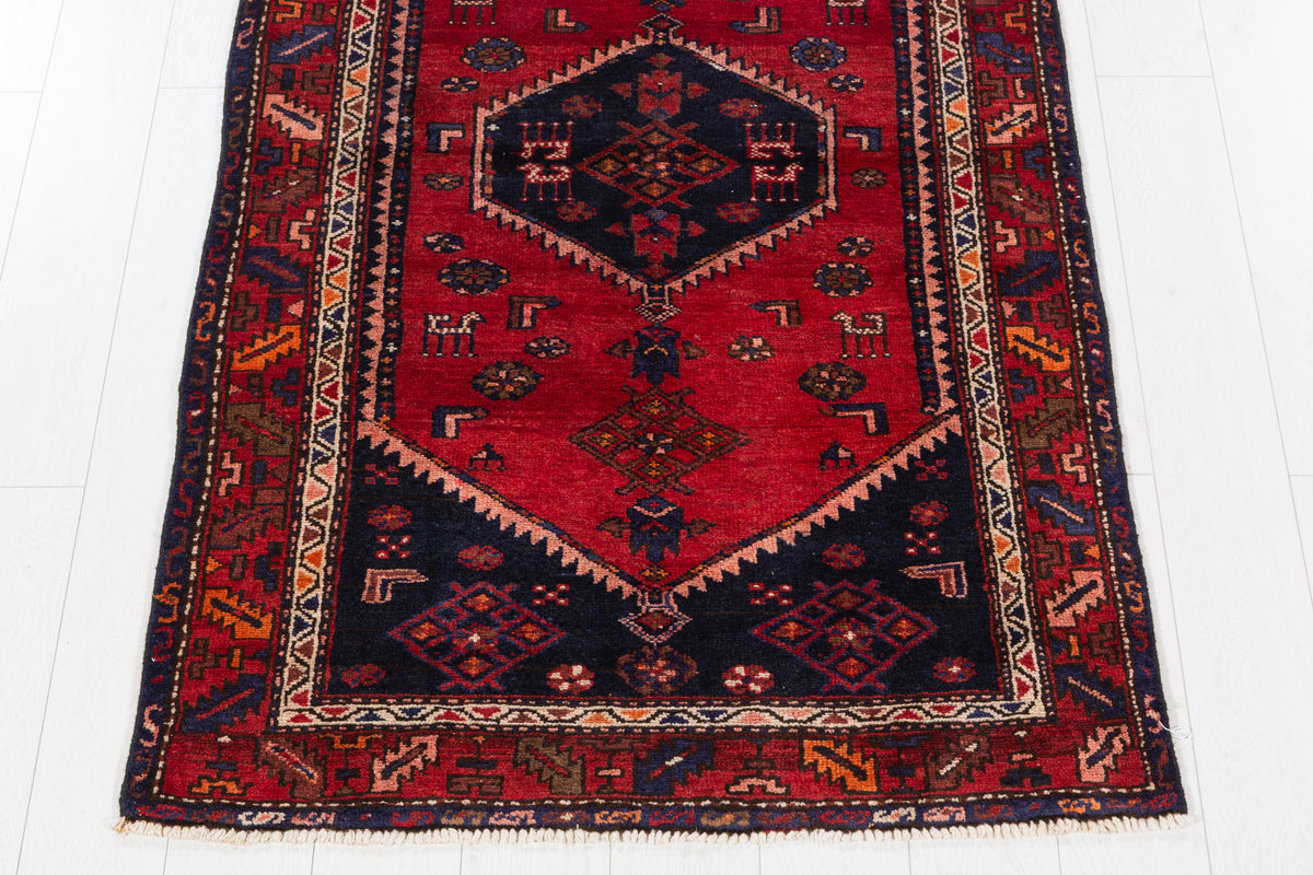 Vintage Red and Deep Navy Blue Central Geometric Medallion Hand-Knotted Area Rug – 6' 1" x 3' 5" (185 x 104 cm)