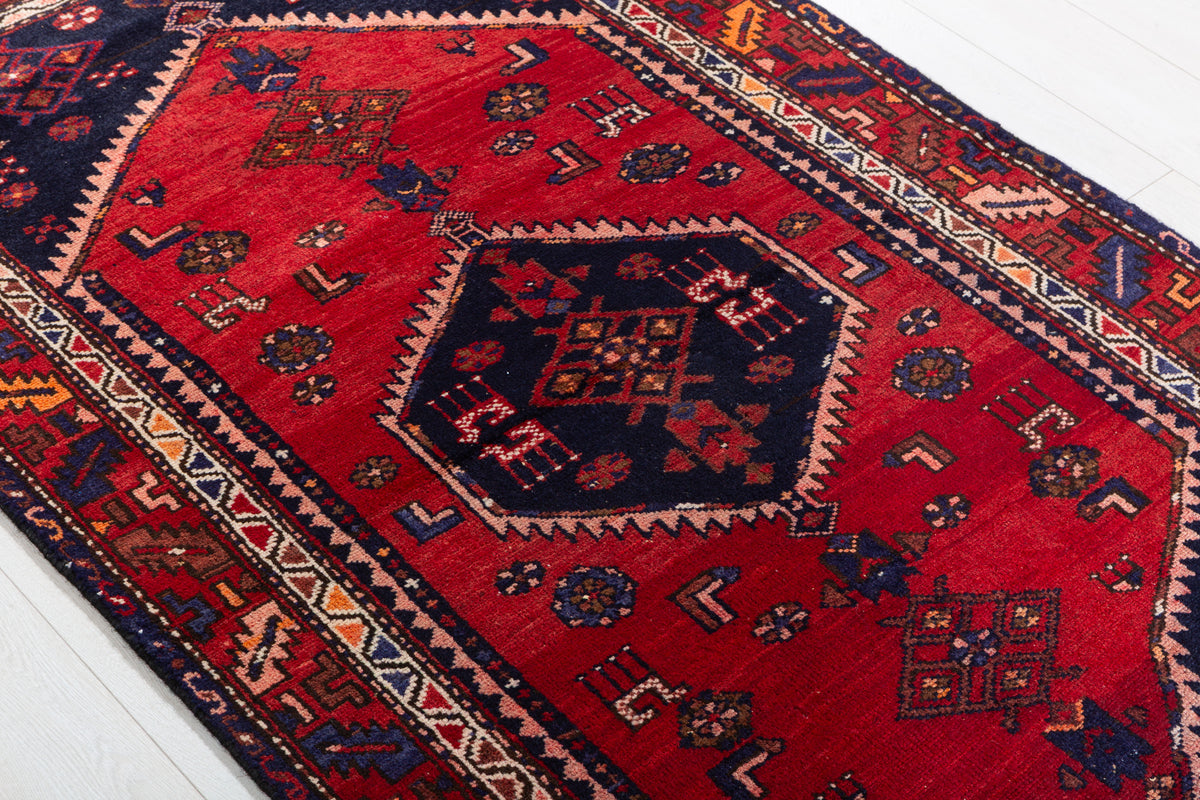 Vintage Red and Deep Navy Blue Central Geometric Medallion Hand-Knotted Area Rug – 6' 1" x 3' 5" (185 x 104 cm)
