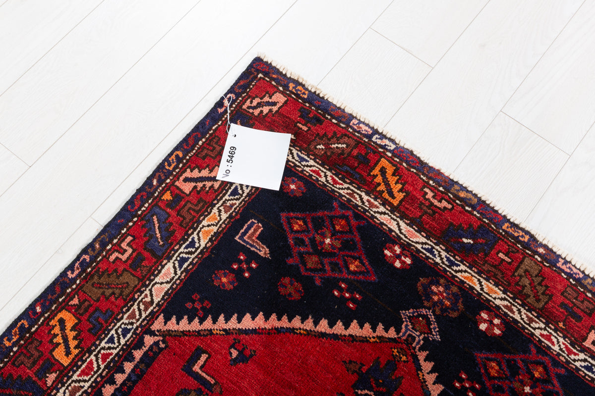 Vintage Red and Deep Navy Blue Central Geometric Medallion Hand-Knotted Area Rug – 6' 1" x 3' 5" (185 x 104 cm)