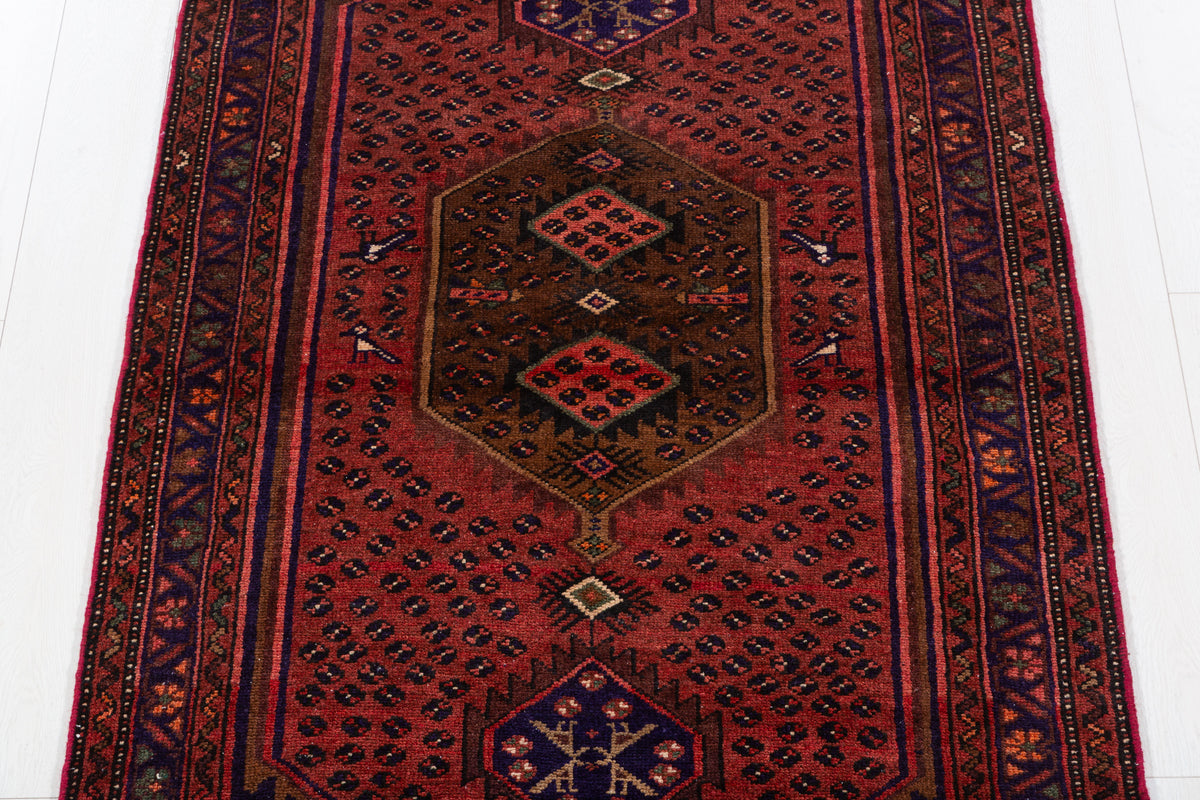 Vintage Rust Red and Navy Blue Allover Small Diamond Field Hand-Knotted Area Rug – 6' 4" x 3' 6" (194 x 106 cm)