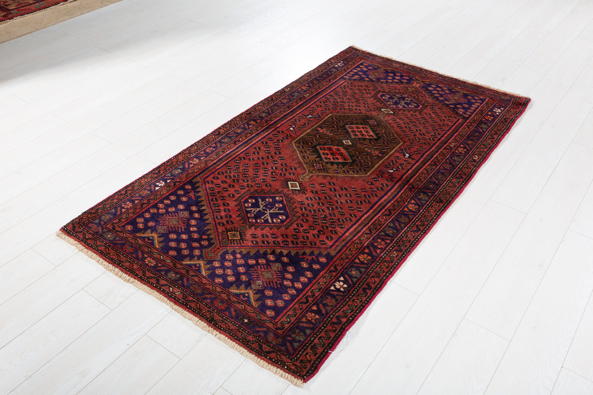 Vintage Rust Red and Navy Blue Allover Small Diamond Field Hand-Knotted Area Rug – 6' 4" x 3' 6" (194 x 106 cm)
