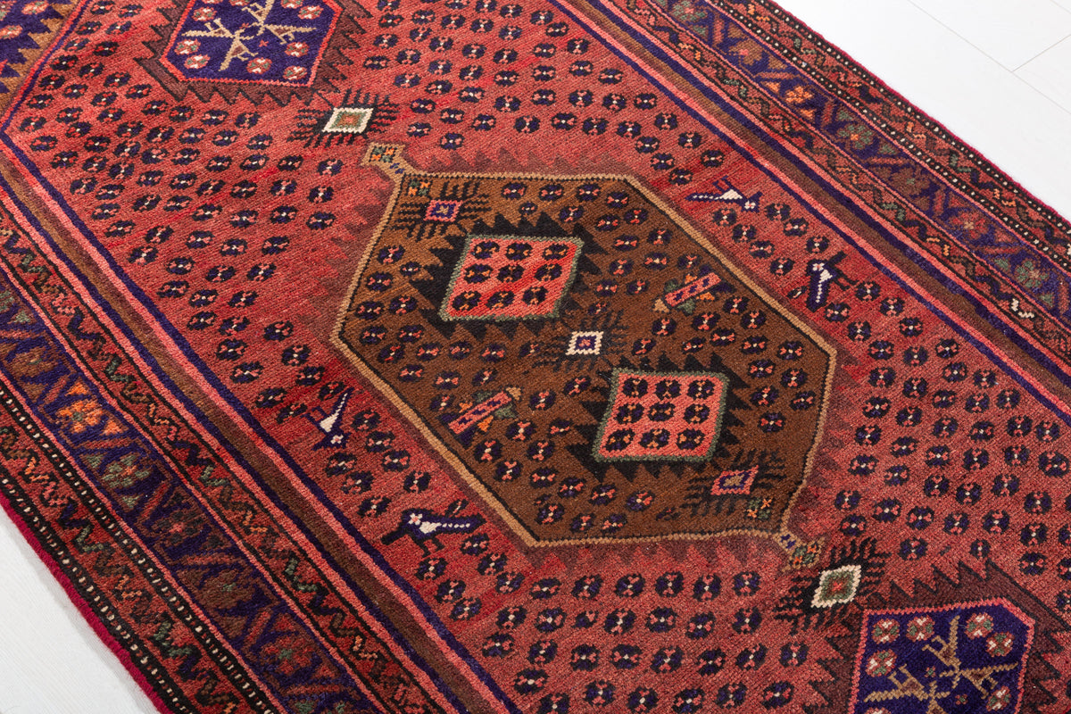 Vintage Rust Red and Navy Blue Allover Small Diamond Field Hand-Knotted Area Rug – 6' 4" x 3' 6" (194 x 106 cm)
