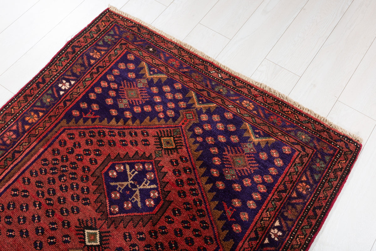 Vintage Rust Red and Navy Blue Allover Small Diamond Field Hand-Knotted Area Rug – 6' 4" x 3' 6" (194 x 106 cm)