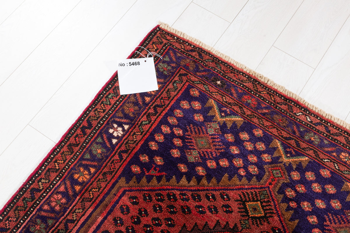 Vintage Rust Red and Navy Blue Allover Small Diamond Field Hand-Knotted Area Rug – 6' 4" x 3' 6" (194 x 106 cm)
