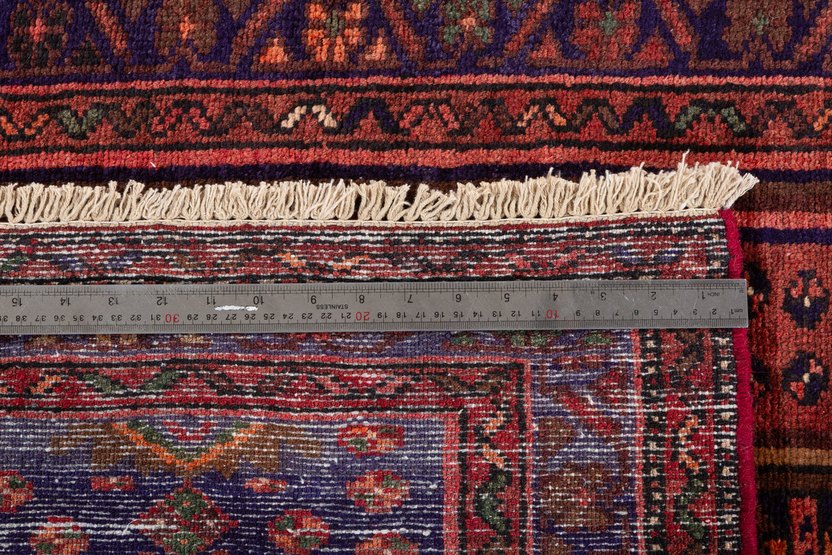 Vintage Rust Red and Navy Blue Allover Small Diamond Field Hand-Knotted Area Rug – 6' 4" x 3' 6" (194 x 106 cm)