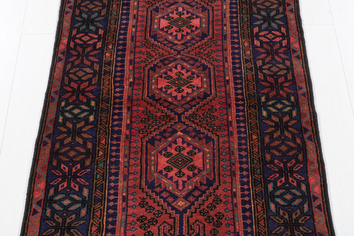 Vintage Rust Red and Navy Blue Triple Diamond Medallion Hand-Knotted Area Rug – 6' 7" x 3' 5" (200 x 103 cm)