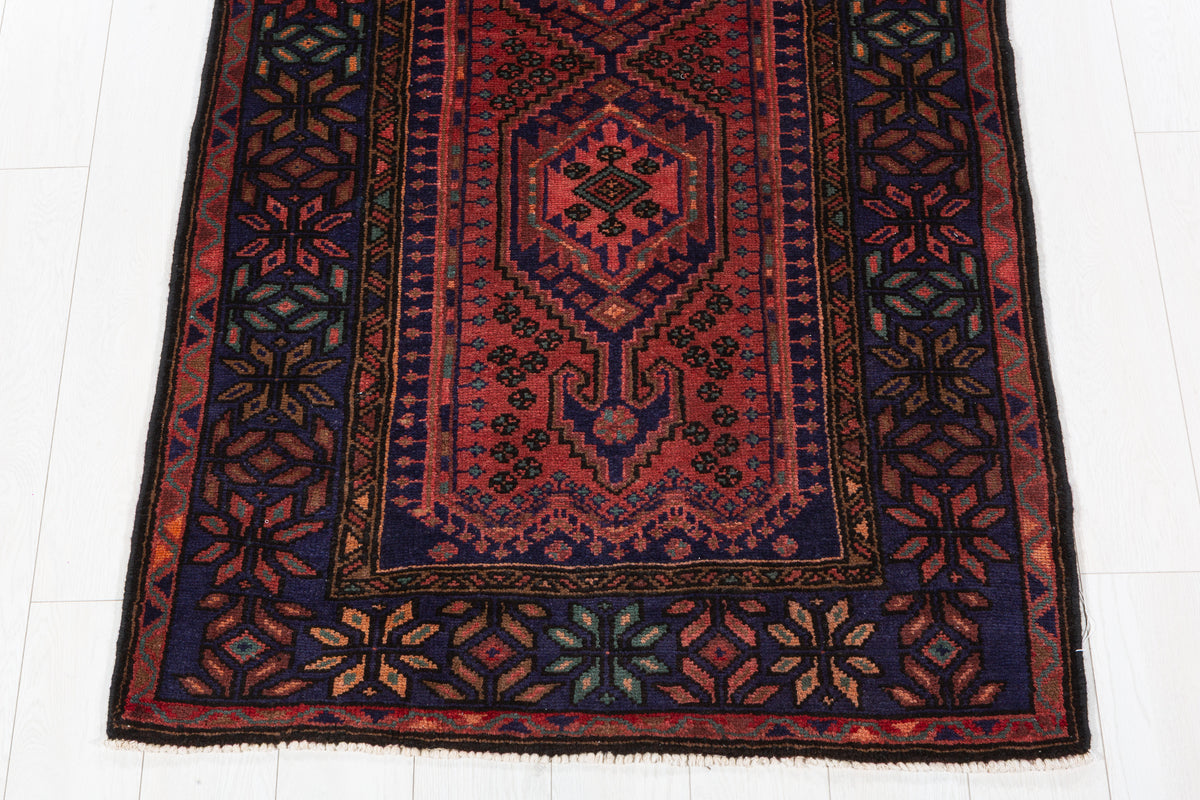 Vintage Rust Red and Navy Blue Triple Diamond Medallion Hand-Knotted Area Rug – 6' 7" x 3' 5" (200 x 103 cm)
