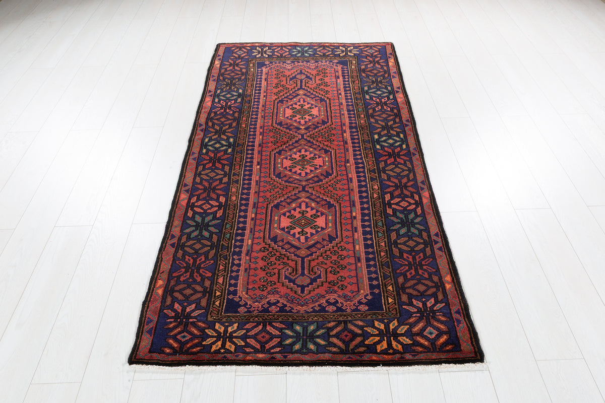 Vintage Rust Red and Navy Blue Triple Diamond Medallion Hand-Knotted Area Rug – 6' 7" x 3' 5" (200 x 103 cm)
