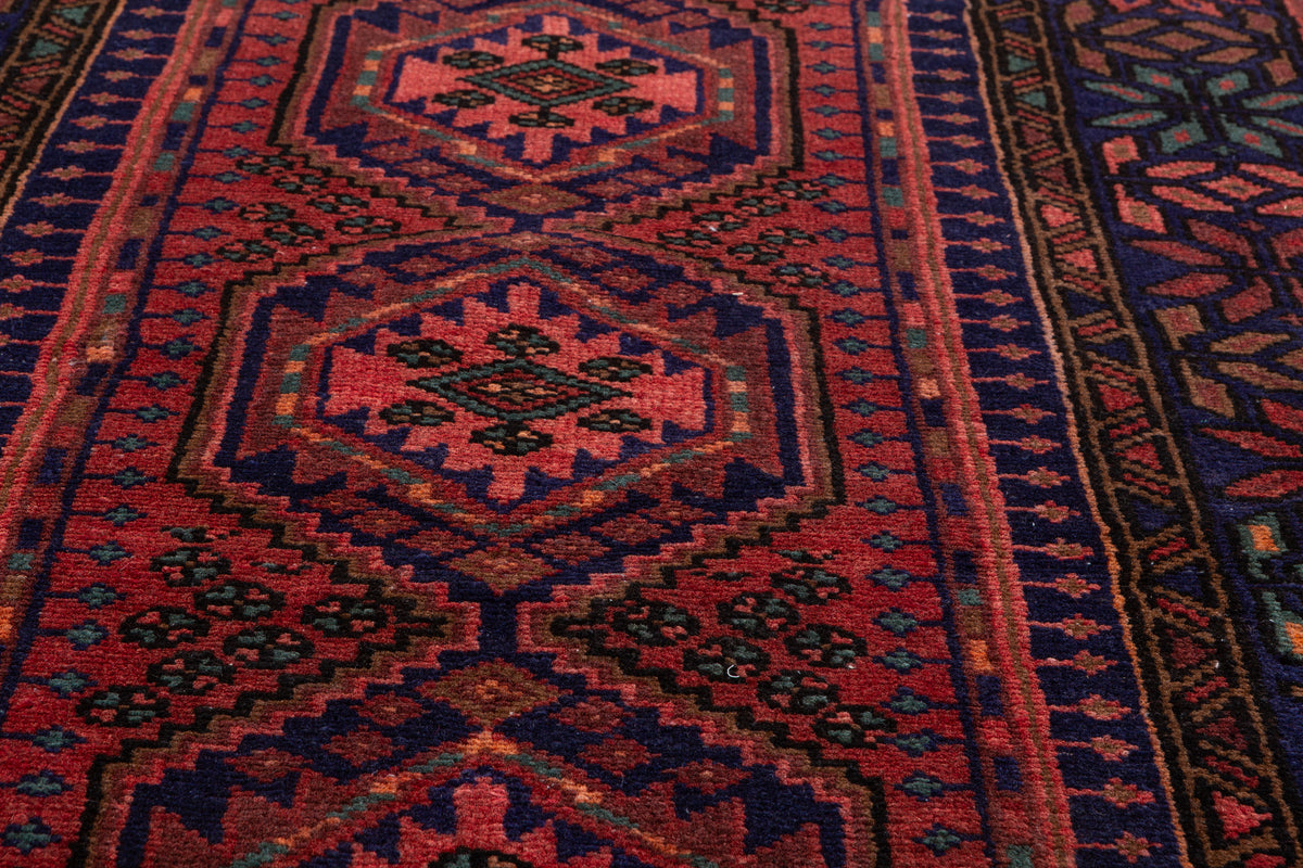 Vintage Rust Red and Navy Blue Triple Diamond Medallion Hand-Knotted Area Rug – 6' 7" x 3' 5" (200 x 103 cm)