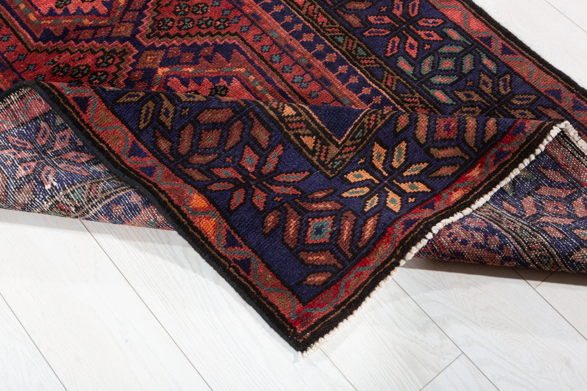 Vintage Rust Red and Navy Blue Triple Diamond Medallion Hand-Knotted Area Rug – 6' 7" x 3' 5" (200 x 103 cm)