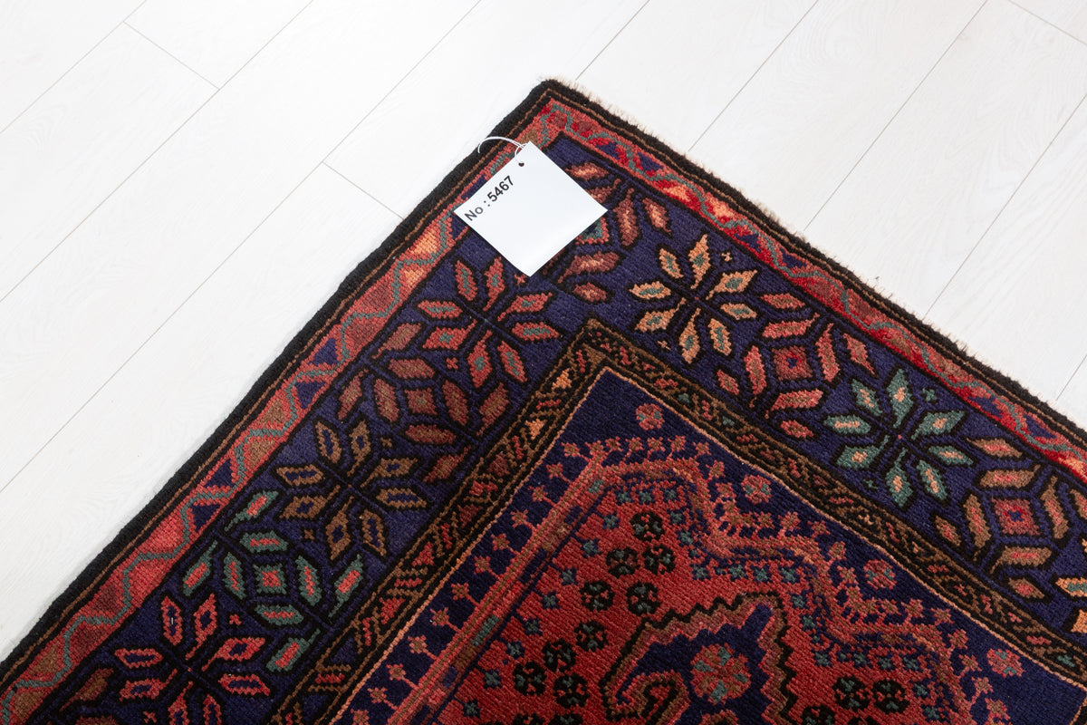 Vintage Rust Red and Navy Blue Triple Diamond Medallion Hand-Knotted Area Rug – 6' 7" x 3' 5" (200 x 103 cm)