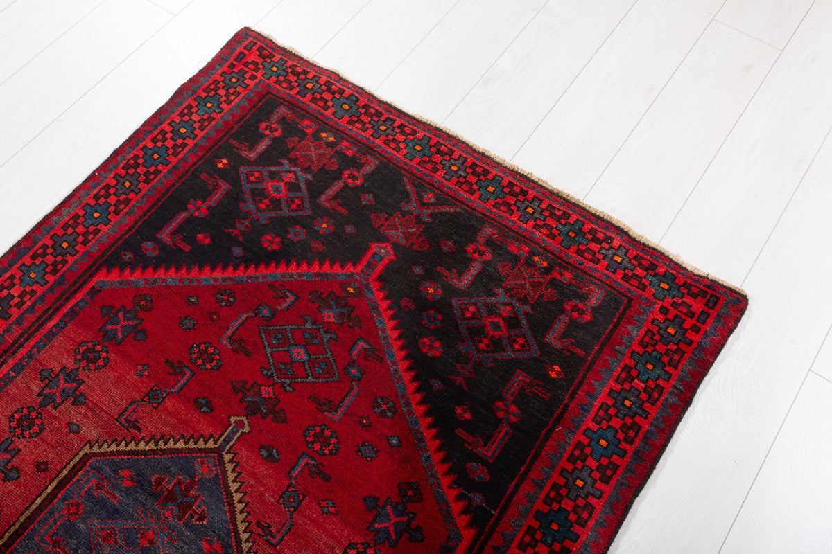 Vintage Red and Blue Diamond Medallion Hand-Knotted Area Rug – 6' 10" x 3' 5" (209 x 104 cm)