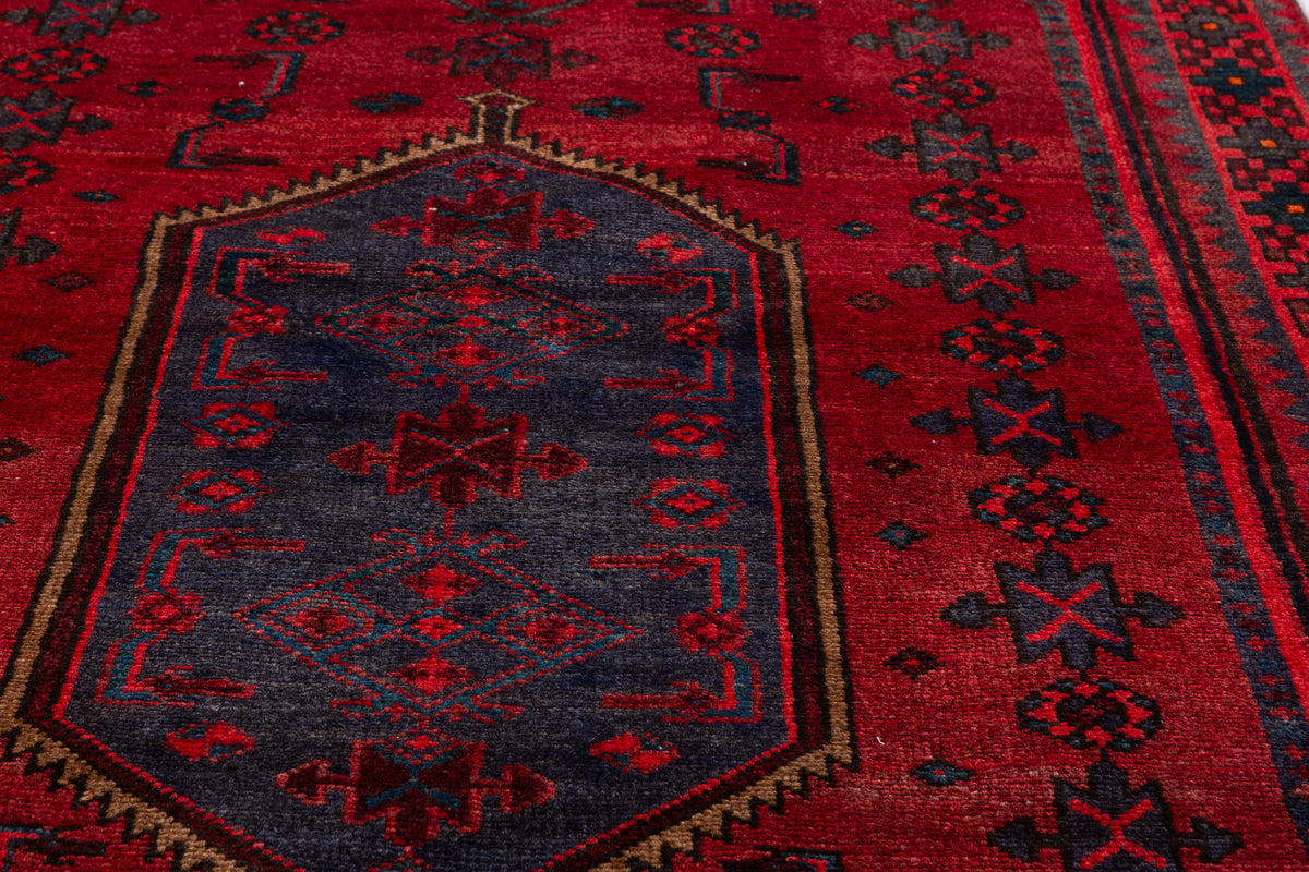 Vintage Red and Blue Diamond Medallion Hand-Knotted Area Rug – 6' 10" x 3' 5" (209 x 104 cm)