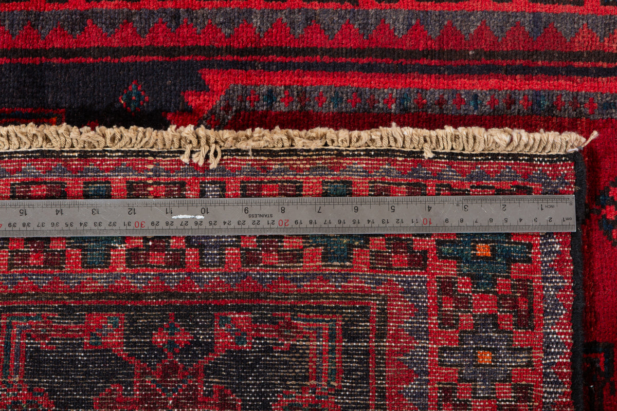 Vintage Red and Blue Diamond Medallion Hand-Knotted Area Rug – 6' 10" x 3' 5" (209 x 104 cm)