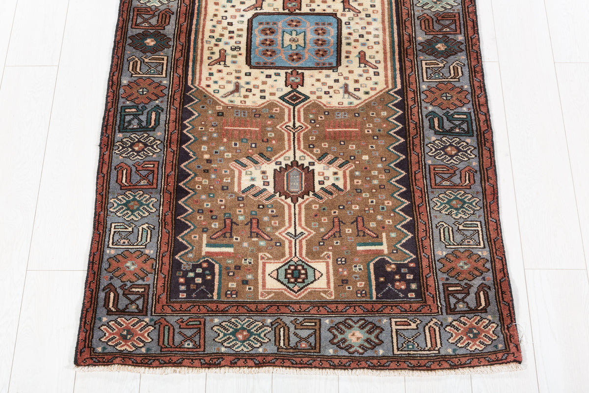 Vintage Brown and Blue Elongated Central Medallion Hand-Knotted Area Rug – 6' 3" x 3' 3" (191 x 98 cm)