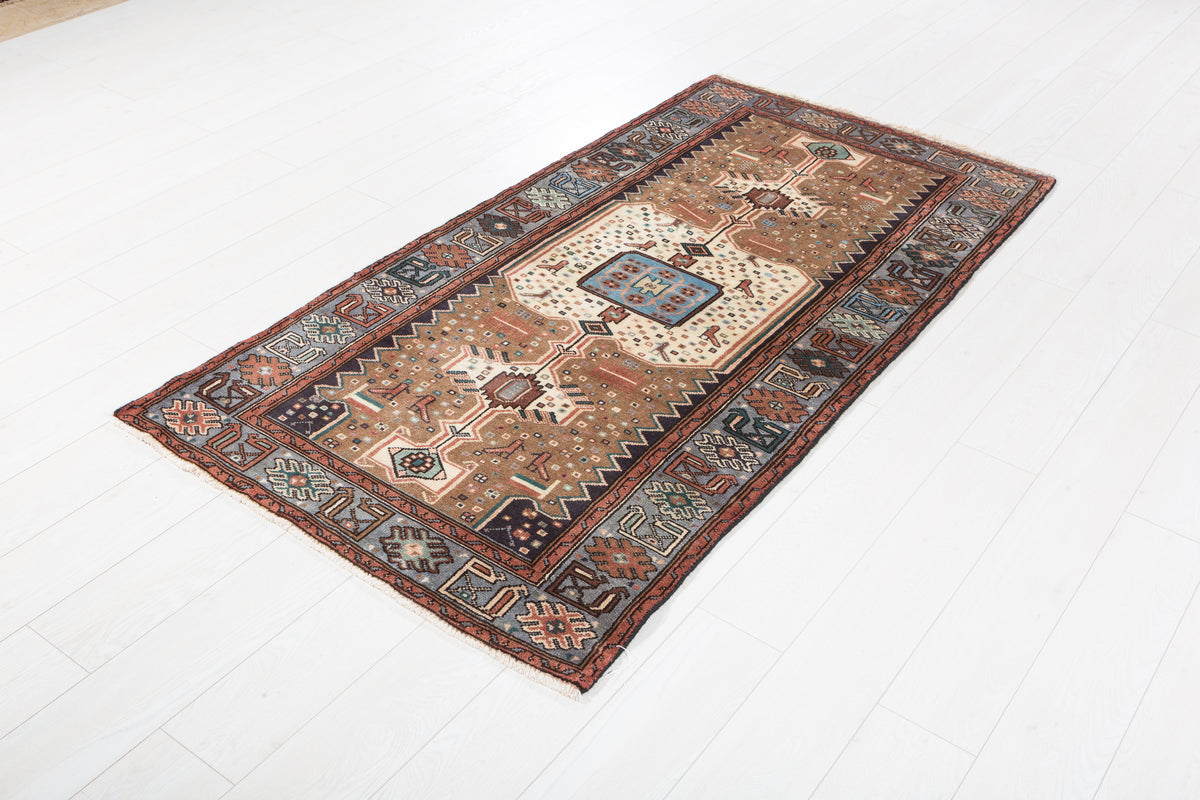 Vintage Brown and Blue Elongated Central Medallion Hand-Knotted Area Rug – 6' 3" x 3' 3" (191 x 98 cm)
