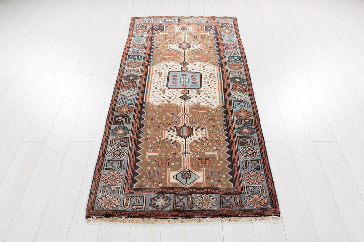 Vintage Brown and Blue Elongated Central Medallion Hand-Knotted Area Rug – 6' 3" x 3' 3" (191 x 98 cm)