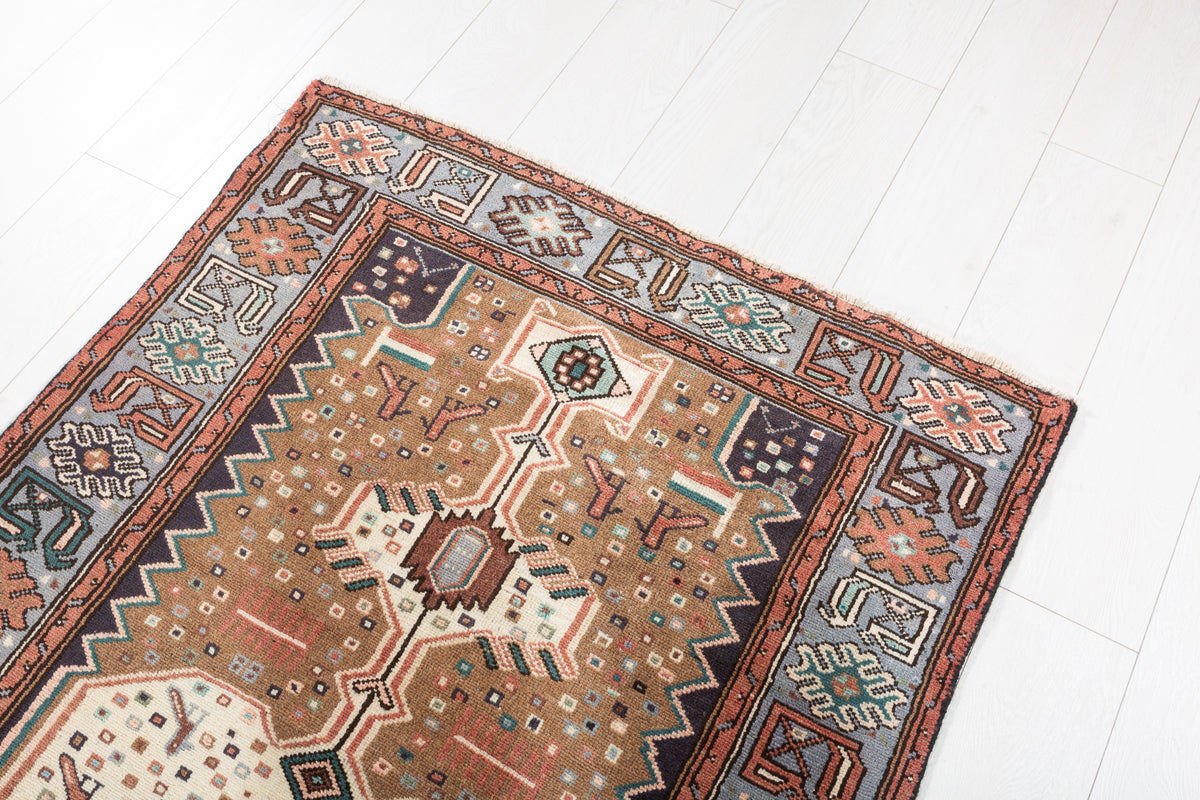 Vintage Brown and Blue Elongated Central Medallion Hand-Knotted Area Rug – 6' 3" x 3' 3" (191 x 98 cm)