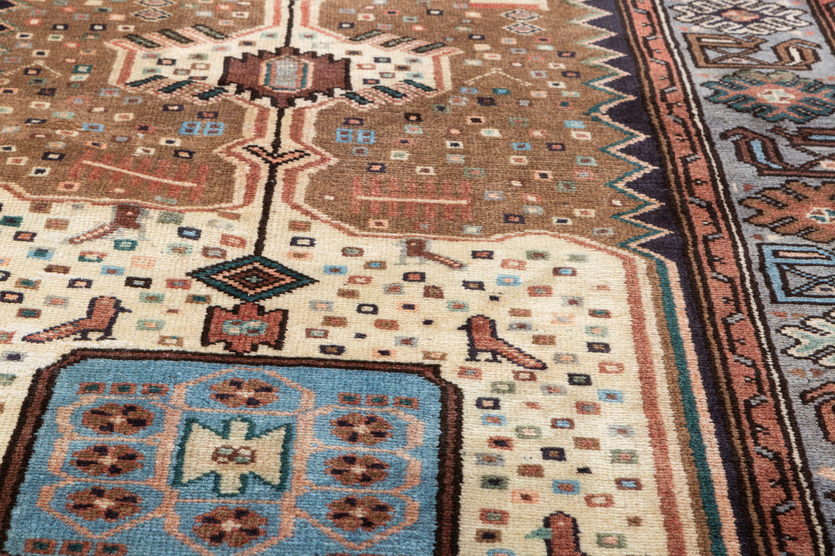 Vintage Brown and Blue Elongated Central Medallion Hand-Knotted Area Rug – 6' 3" x 3' 3" (191 x 98 cm)