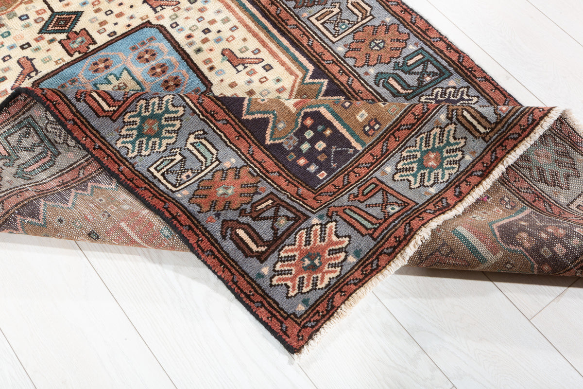 Vintage Brown and Blue Elongated Central Medallion Hand-Knotted Area Rug – 6' 3" x 3' 3" (191 x 98 cm)