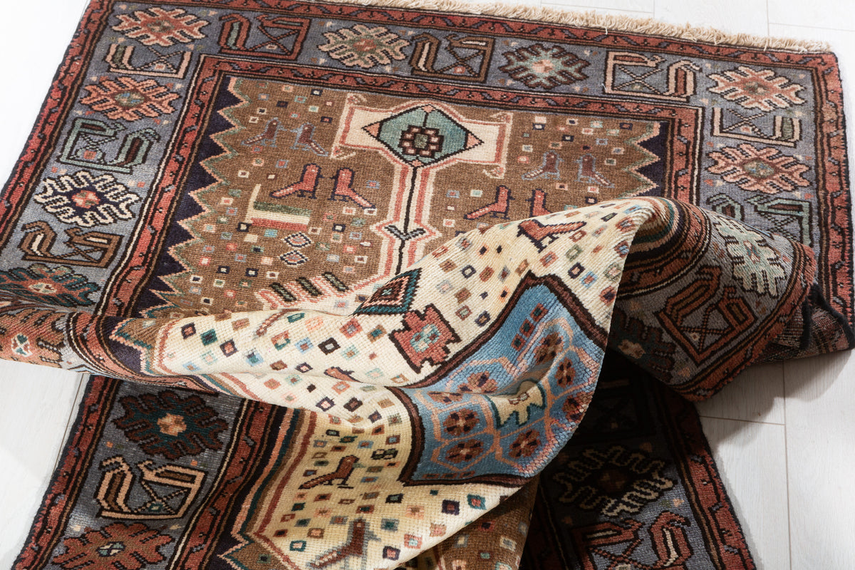 Vintage Brown and Blue Elongated Central Medallion Hand-Knotted Area Rug – 6' 3" x 3' 3" (191 x 98 cm)