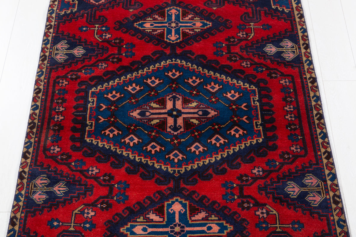 Collectible Vintage Red and Blue Oversized Diamond Medallion Hand-Knotted Area Rug – 5' 9" x 3' 9" (175 x 114 cm)