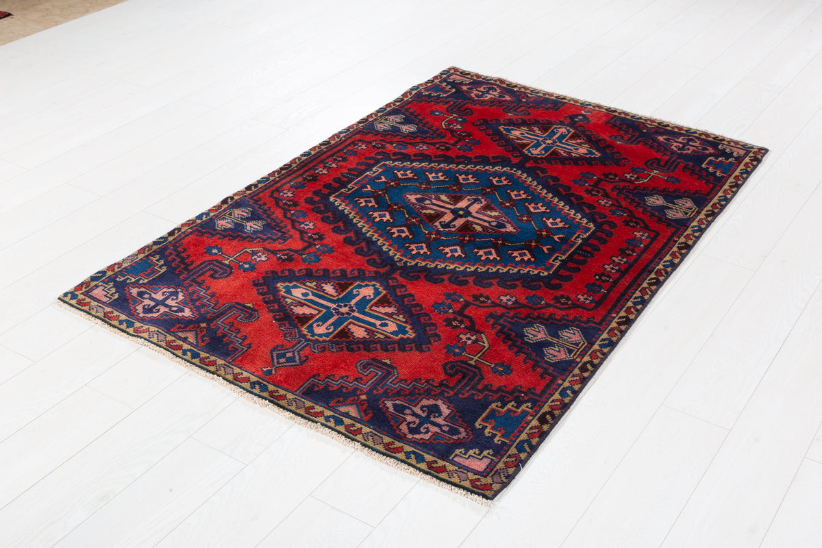 Collectible Vintage Red and Blue Oversized Diamond Medallion Hand-Knotted Area Rug – 5' 9" x 3' 9" (175 x 114 cm)