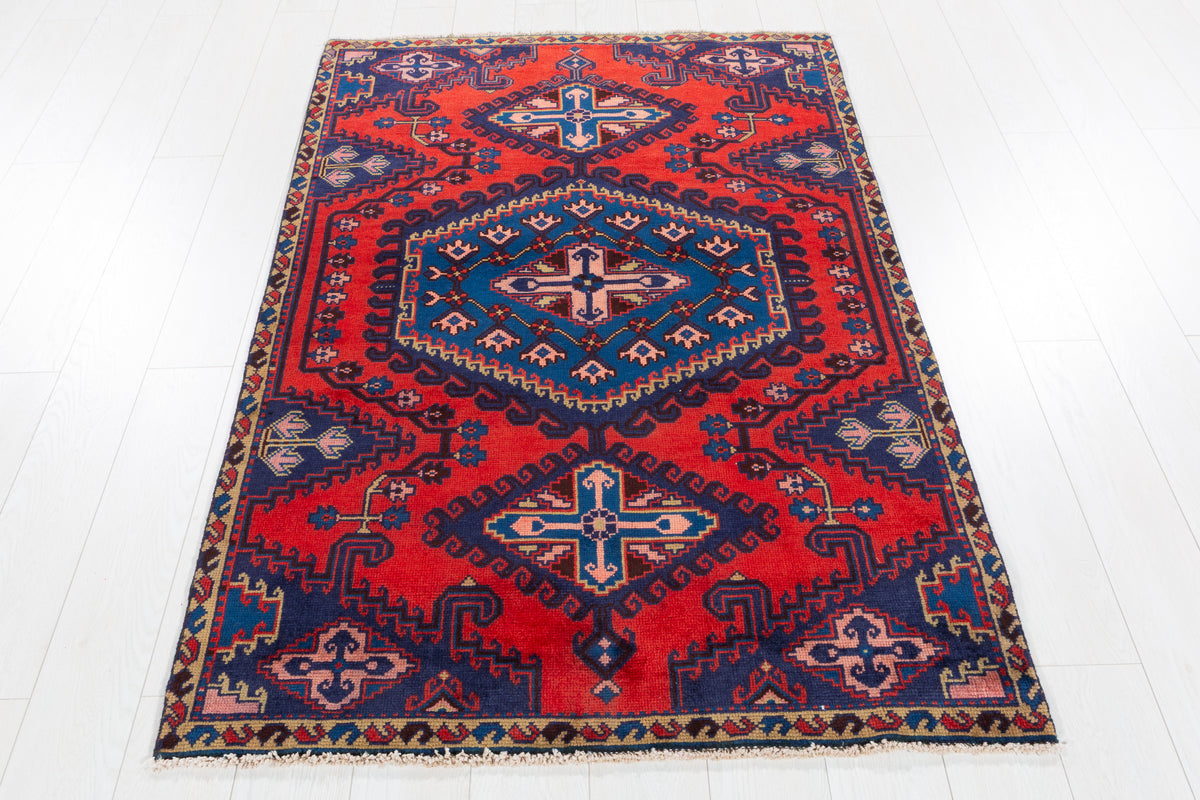Collectible Vintage Red and Blue Oversized Diamond Medallion Hand-Knotted Area Rug – 5' 9" x 3' 9" (175 x 114 cm)