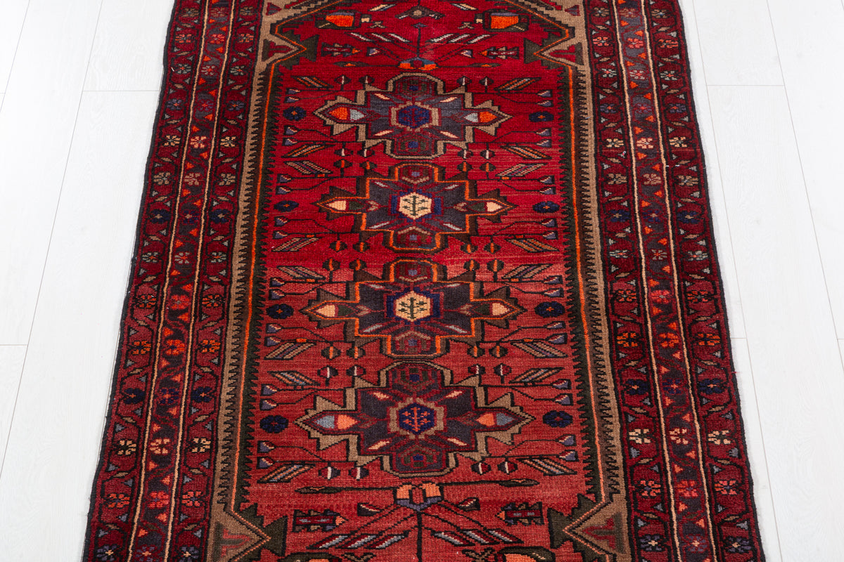 Vintage Red and Brown Allover Geometric and Geometric Field Hand-Knotted Area Rug – 6' 1" x 3' 3" (185 x 98 cm)