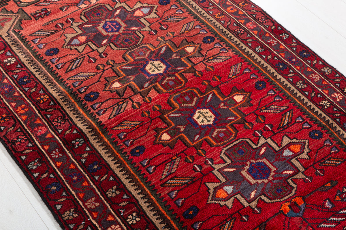 Vintage Red and Brown Allover Geometric and Geometric Field Hand-Knotted Area Rug – 6' 1" x 3' 3" (185 x 98 cm)