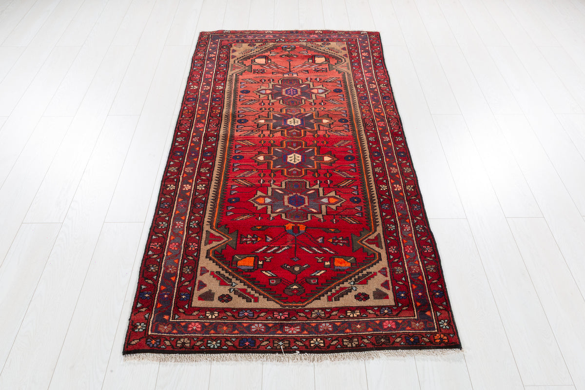 Vintage Red and Brown Allover Geometric and Geometric Field Hand-Knotted Area Rug – 6' 1" x 3' 3" (185 x 98 cm)