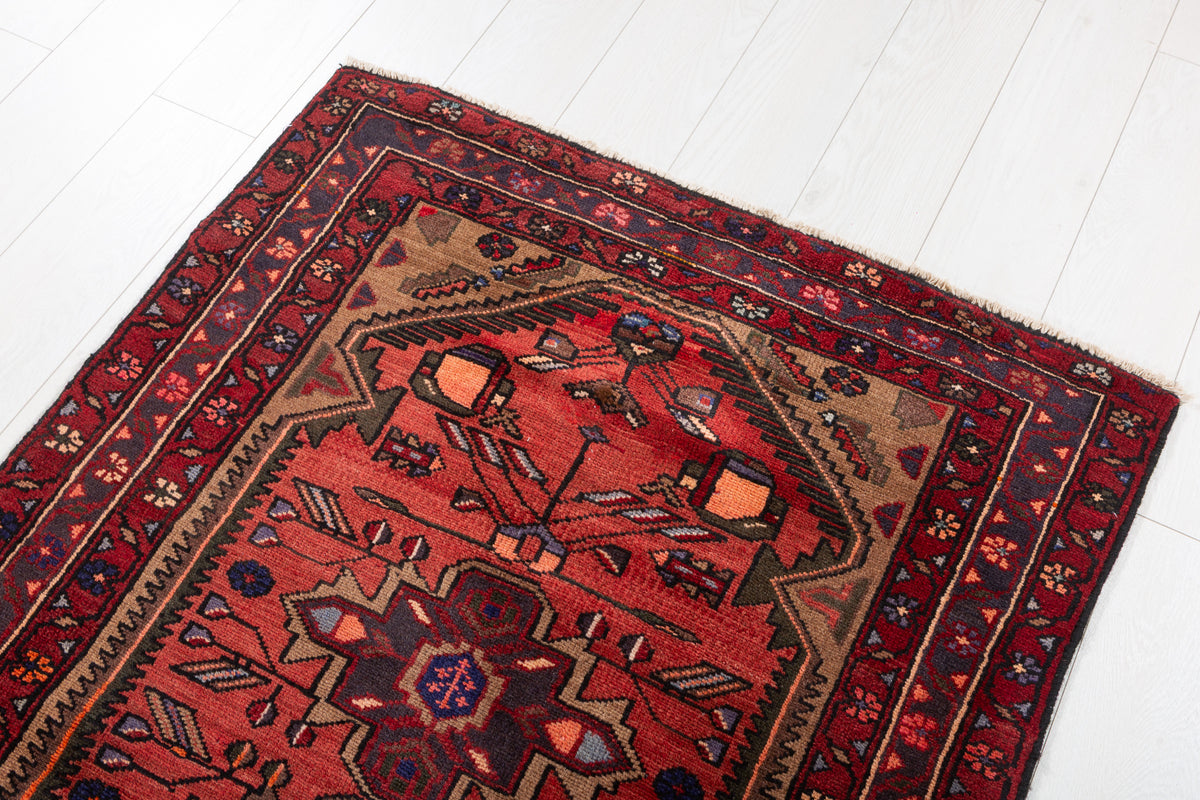 Vintage Red and Brown Allover Geometric and Geometric Field Hand-Knotted Area Rug – 6' 1" x 3' 3" (185 x 98 cm)