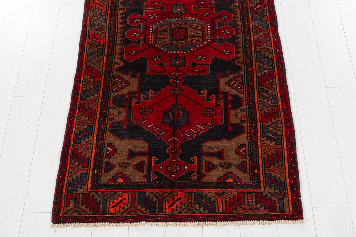 Vintage Red and Brown Bold Geometric Medallion Hand-Knotted Area Rug – 6' 9" x 3' 3" (207 x 100 cm)