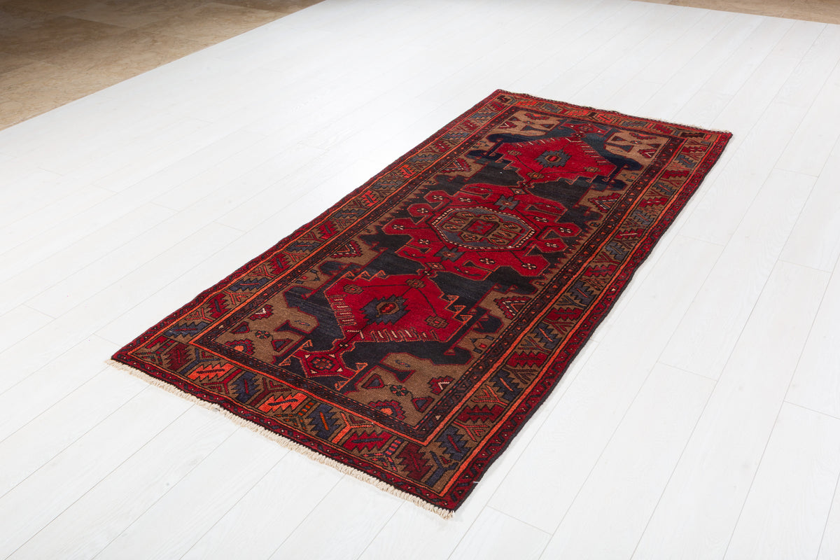 Vintage Red and Brown Bold Geometric Medallion Hand-Knotted Area Rug – 6' 9" x 3' 3" (207 x 100 cm)