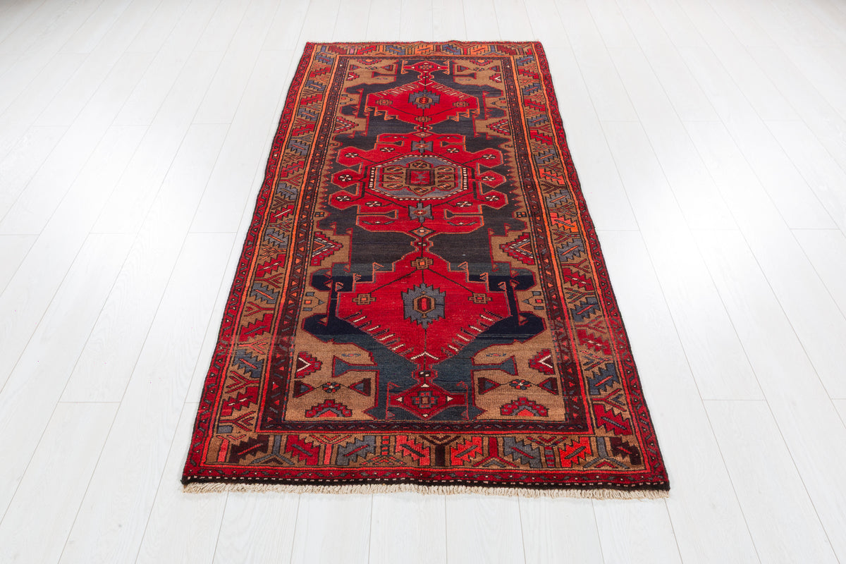 Vintage Red and Brown Bold Geometric Medallion Hand-Knotted Area Rug – 6' 9" x 3' 3" (207 x 100 cm)