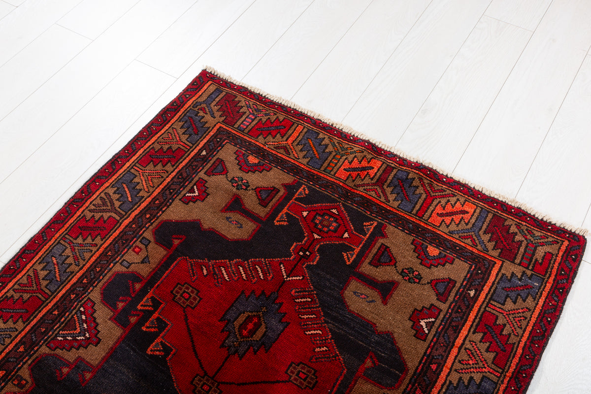 Vintage Red and Brown Bold Geometric Medallion Hand-Knotted Area Rug – 6' 9" x 3' 3" (207 x 100 cm)