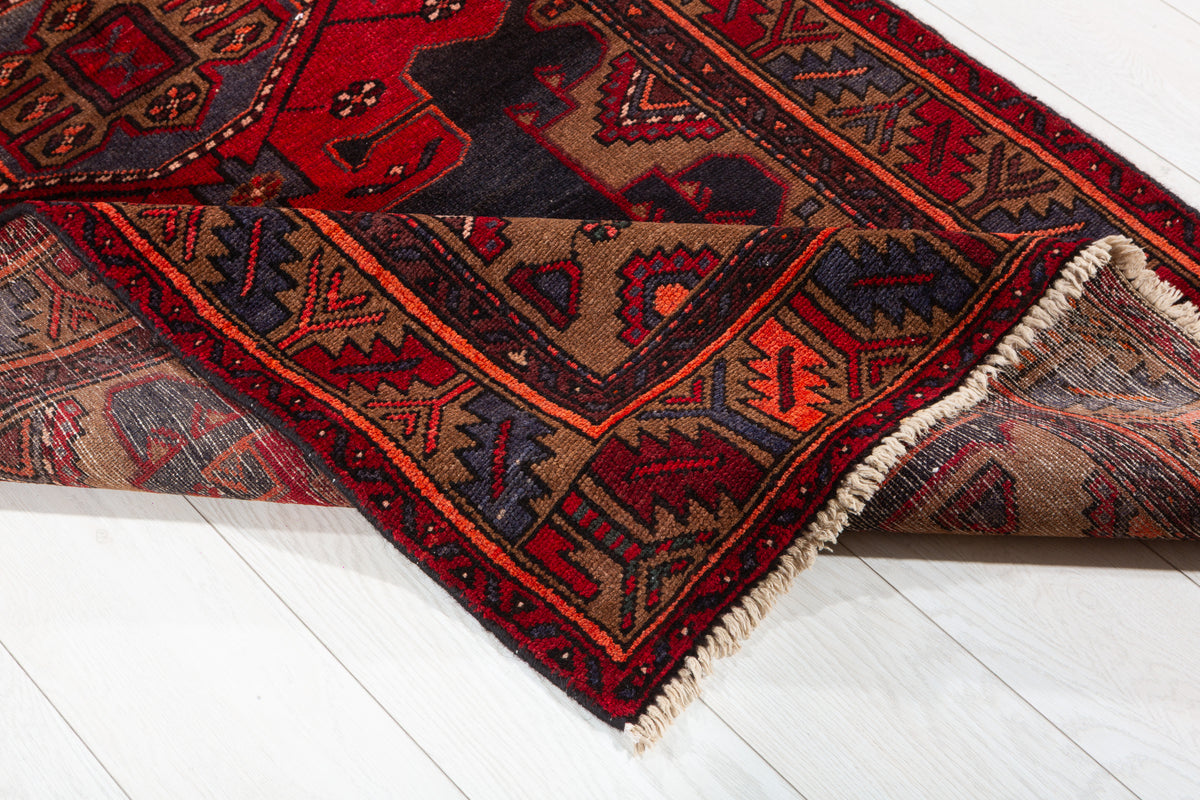 Vintage Red and Brown Bold Geometric Medallion Hand-Knotted Area Rug – 6' 9" x 3' 3" (207 x 100 cm)