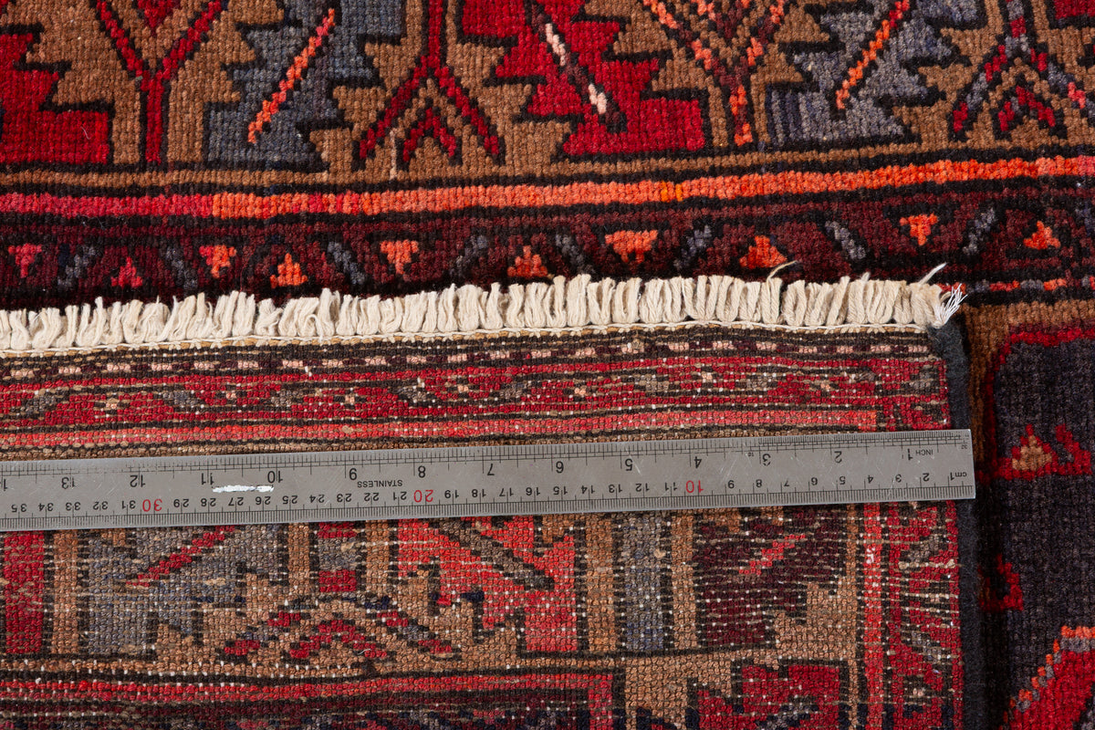 Vintage Red and Brown Bold Geometric Medallion Hand-Knotted Area Rug – 6' 9" x 3' 3" (207 x 100 cm)